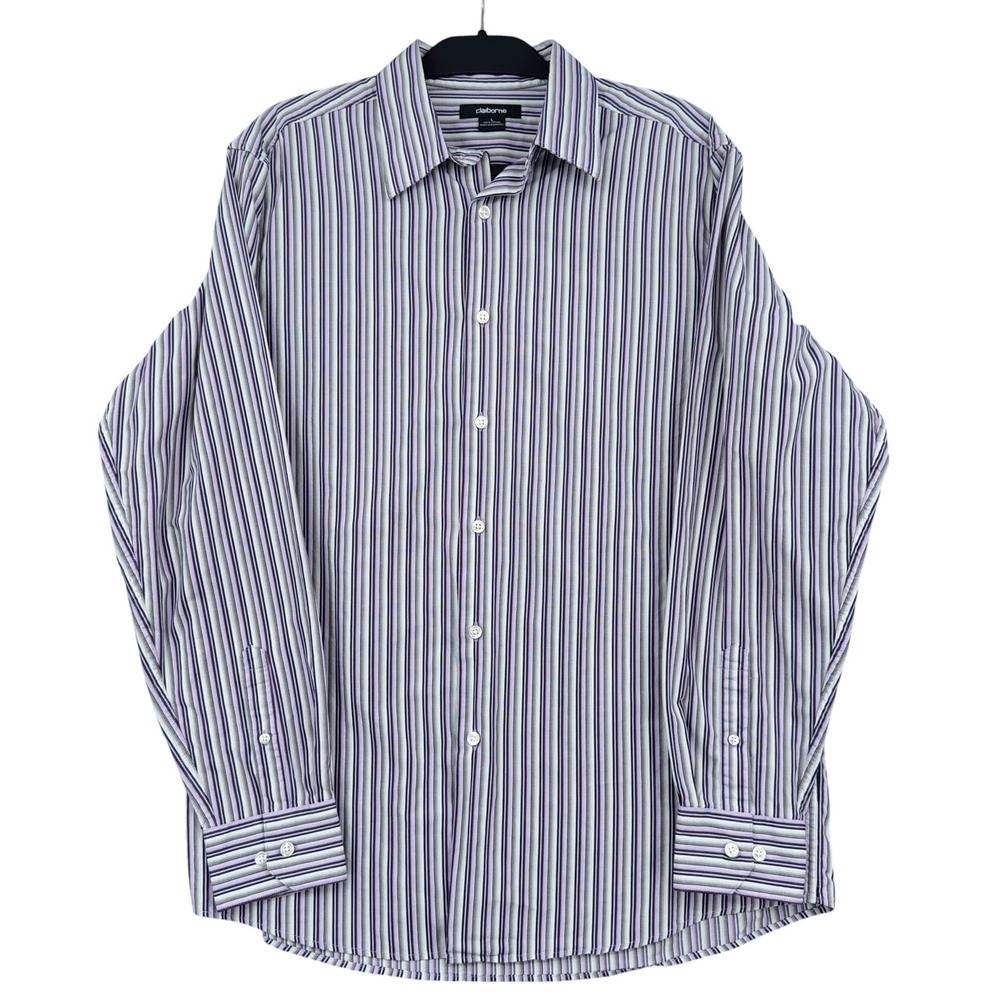 Claiborne Striped Button Front Shirt Mens L 100% Cotton Purple Grey Long Sleeve